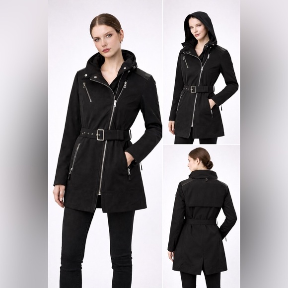 RUDSAK Jackets & Blazers - RUDSAK Moira Black Belted Jacket Hidden Hood Leather Trim Size XS